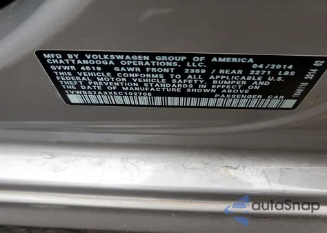 2014 Volkswagen Passat Se from USA, damaged, VIN 1VWBS7A3XEC102705